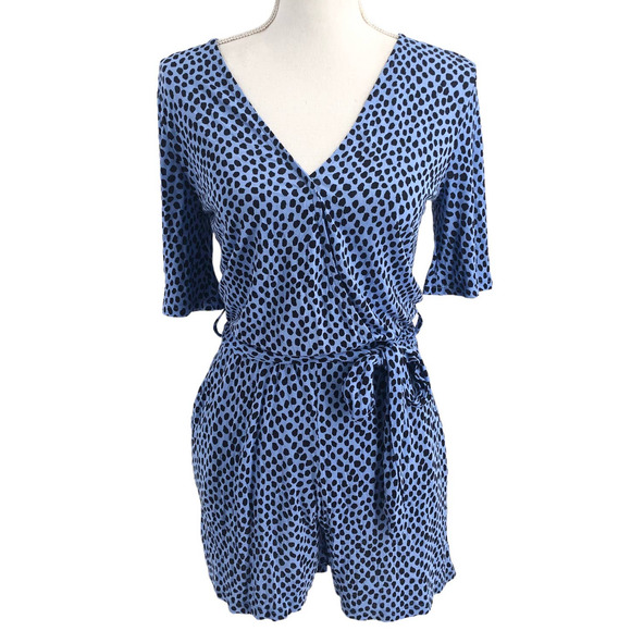Lascana NEW Womens Size 4 Faux Wrap Romper Lightweight Blue Spotted - Picture 3 of 11